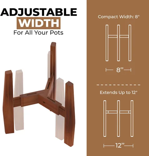 Vista 8 de Rocca - Soporte ajustable de 2 niveles de ancho de 8" a 12" apilable de bambú para plantas altas de interior, soporte de esquina de madera
