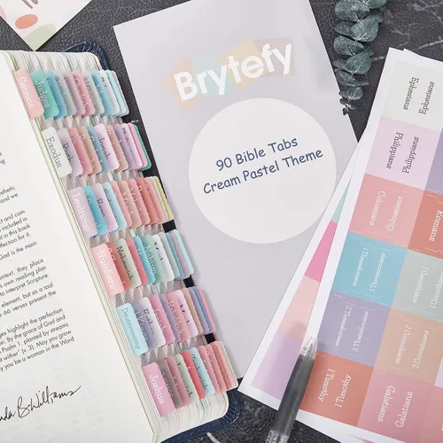 Vista 2 de Pestañas de la Biblia en colores pastel crema, pestañas laminadas de la Biblia para mujeres y niñas, 90 pestañas de la Biblia del Antiguo y Nuevo