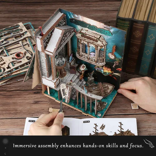 Vista 5 de Book Rinck, kits de rincón de libros para adultos, rompecabezas de madera 3D de aventura oceánica, decoración con luz LED, estante de rincón de Azul