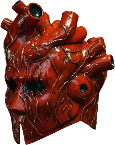 Vista 5 de VZQI Máscara de terror de corazón para adultos, disfraz de anime de látex Máscara de látex roja en forma de corazón para adultos con un rango