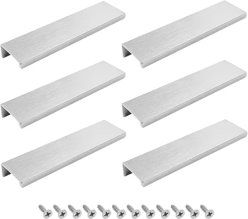 Vista 14 de Paquete de 6 tiradores ocultos modernos de aleación de aluminio dorado cepillado, 3.15 x 1.26 pulgadas, fáciles de instalar, estilo lujoso