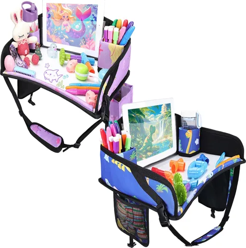 Vista 29 de 2 piezas Bandeja de viaje para niños, bandeja para asiento de coche para niños Viaje, Esenciales de viaje en carretera para niños con kit de dibujo