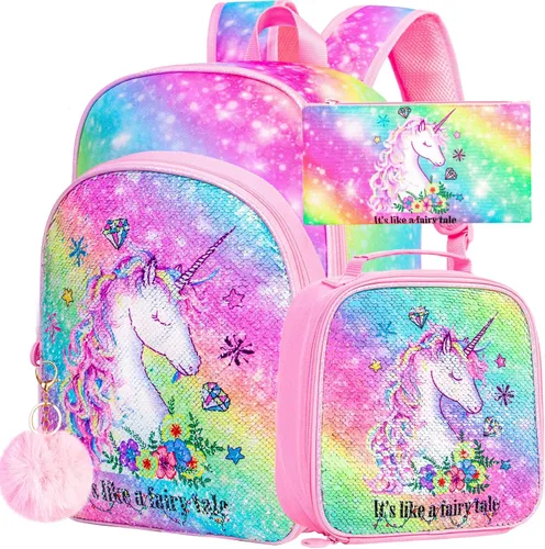 Vista 13 de KLFVB 3 mochilas de sirena de unicornio para niñas, bolsa de libros y lonchera de lentejuelas de 16 pulgadas, mochilas preescolares para primaria