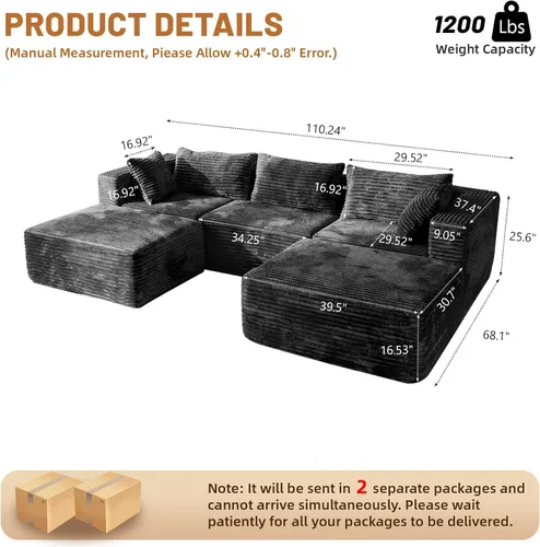 Vista 2 de Sofá modular 110 sin hueso con 2 otomanas, sofá modular en forma de U de pana, sofá convertible en nube con asientos profundos, no requiere montaje