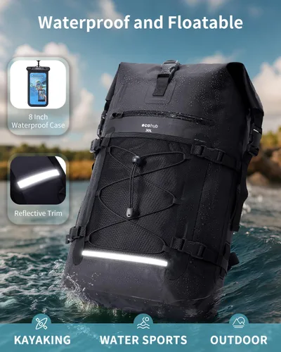 Vista 5 de ECOHUB Mochila impermeable para mujeres y hombres, bolsa seca resistente de 30L con cierre enrollable para viajes con funda impermeable IPX8