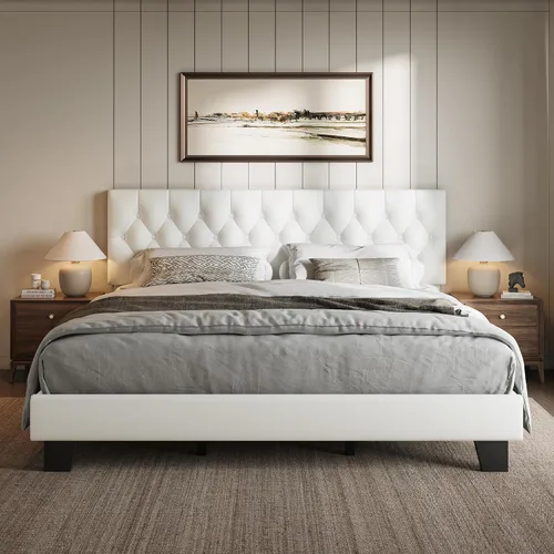 Vista 10 de iPormis Marco de cama tapizada de tamaño completo con cabecera capitoné con botones, plataforma de lino con patas de soporte engrosadas, sin
