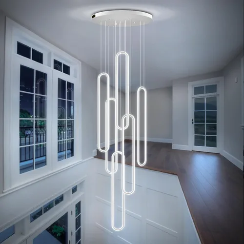 Vista 18 de Flashing God Candelabro moderno, candelabros cromados con 6 anillos LED, lámpara de techo alto más grande para sala de estar, lámpara rectangular