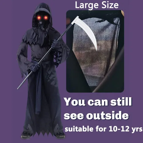 Vista 4 de Disfraz de Parca de Halloween con ojos rojos brillantes y guadaña para niños y niñas, disfraz de fantasma espeluznante para Halloween Cosplay