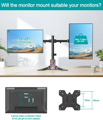 Vista 4 de MOUNT PRO Soporte para monitor doble, soporte de escritorio para monitor de movimiento completo, se adapta a 2 pantallas de hasta 27 pulgadas, 17.6
