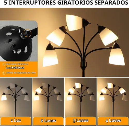 Vista 4 de DLLT - Lámpara de pie moderna para habitación: 5 luces flexibles de cuello de cisne negro lámparas de pie para sala de estar, dormitorio, hogar