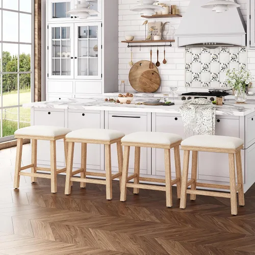 Vista 25 de ALPHA HOME Taburete de bar, taburete de cocina de silla de montar de madera maciza con cojín de tela de lino beige, taburete de bar de altura