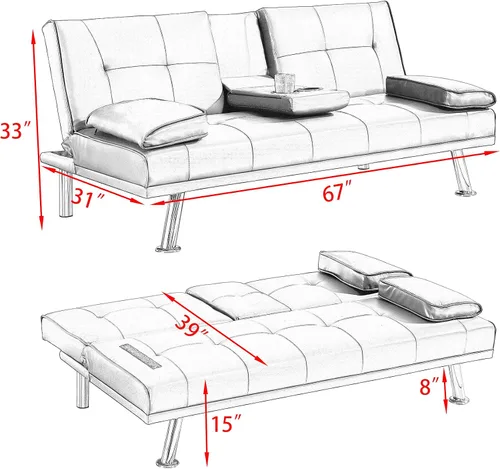 Vista 2 de Anwick Sofá futón de cuero moderno, sofá cama plegable convertible, sofá biplaza reclinable para espacios pequeños, apartamento, oficina