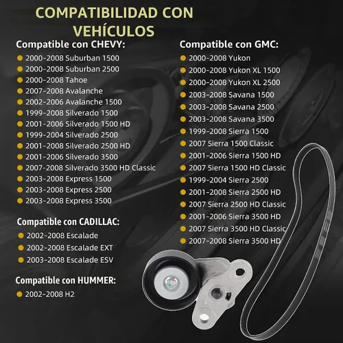 Vista 2 de Dasbecan 90K-38159 Kit de tensor de correa A/C ACK040378HD Correa de compresor de CA Compatible con Chevy Tahoe 2000-2008, GMC Yukon 2000-2008