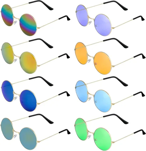 Vista 14 de ONESING 8-20 pares de gafas de sol redondas hippie círculo para mujer, gafas de sol hippie multicolor diadema discoteca fiesta Color A-8 piezas