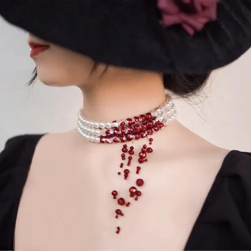 Vista 2 de Dripping Blood Choker Imitation Pearls Halloween Party Necklace Vampire Party Costume
