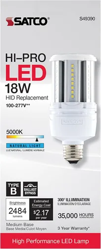 Vista 5 de Satco Bombilla LED de mazorca de maíz de 18 W, repuesto HID para iluminación de garaje y comercial, luz diurna de 5000 K, base E26, derivación