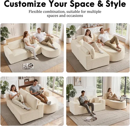 Vista 3 de Korser Sofá modular en forma de L de 110 pulgadas con diván, sofá modular de pana esponjosa con asiento profundo y bolsillos laterales, cómodos Beige