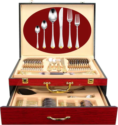 Vista 5 de Juego de cubiertos de lujo de 75 piezas para 12 con estuche de almacenamiento de madera, servicio de cubiertos de comedor de alta calidad, cubiertos
