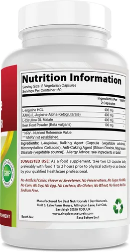 Vista 6 de Best Naturals L-Arginina NO Booster Triple Strength 1300 mg Servir 120 cápsulas vegetales - Hecho con L-Arginina, AAKG, L-Citrulina, Remolacha
