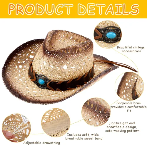 Vista 4 de 2 Pieces Cowboy Hats Cowgirl Hats for Kids Halloween Cosplay Straw Hat Child Western Straw Sun Hat for Boys Girls