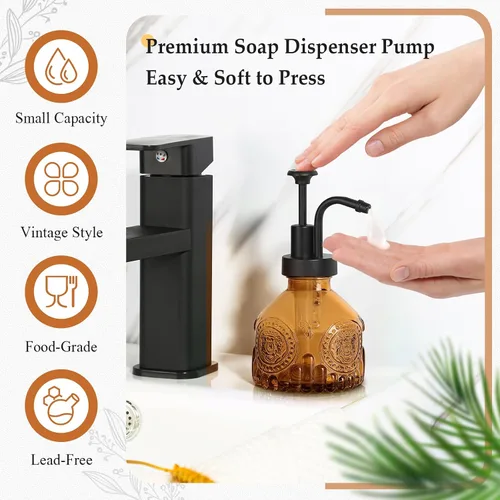 Vista 3 de Dispensador de jabón de vidrio ámbar, dispensador pequeño de jabón de manos para baño, botella de jabón líquido y loción con bomba, dispensador
