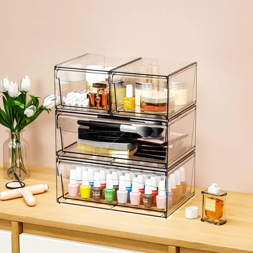 Vista 7 de Paquete de 6 cajones de almacenamiento apilables transparentes, organizador de maquillaje de baño grande de 12 pulgadas de ancho y bolígrafo, lentes