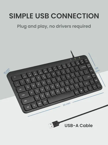 Vista 3 de Perixx PERIBOARD-414U - Mini teclado USB con cable, compacto, 12.24 x 5.32 x 0.71 pulgadas, Plug and Play, negro, diseño en inglés de EE. UU