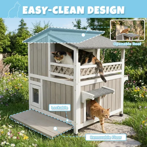 Vista 8 de Casa de madera para gatos para exteriores e interiores, resistente a la intemperie, refugio para gatos de dos pisos, hogar cerrado para gatos