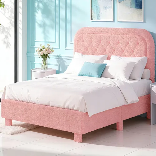 Vista 15 de VINGLI Base de cama individual para niños, cama de plataforma tapizada Boucle con cabecera ajustable, soporte de listones de madera resistente, cama