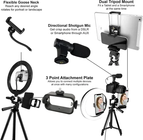 Vista 5 de Acuvar Kit de vlogging premium de 9 piezas para iPhone, Android y cámaras, micrófono, soporte de trípode y luz LED, paquete de YouTube, TikTok