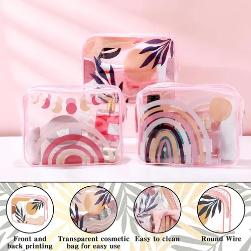 Vista 6 de 6 bolsas de maquillaje para mujeres, regalos para mujeres preparatorias bohemias con cara sonriente, flamenco, bolsas de maquillaje transparentes