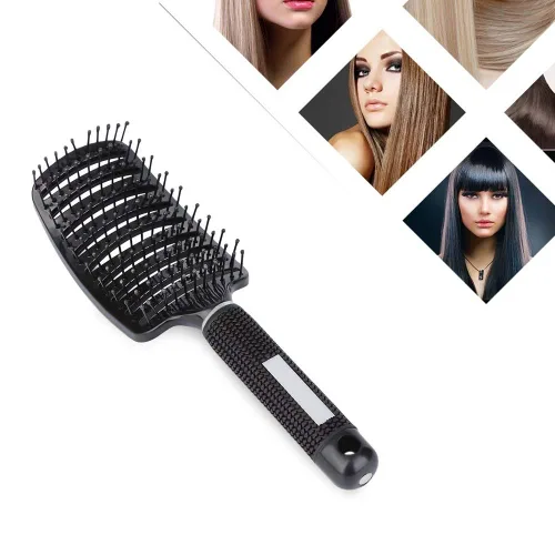 Vista 7 de Cepillo de pelo para secador de pelo, cepillo de masaje para desenredar de paleta larga y rizada, peine de volumen recto de secado rápido Negro