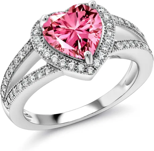 Vista 20 de Gem Stone King Anillo de halo de moissanita blanca y piedra natal de corazón de 0.315 in para mujer, plata de ley 925, joyería para aniversario
