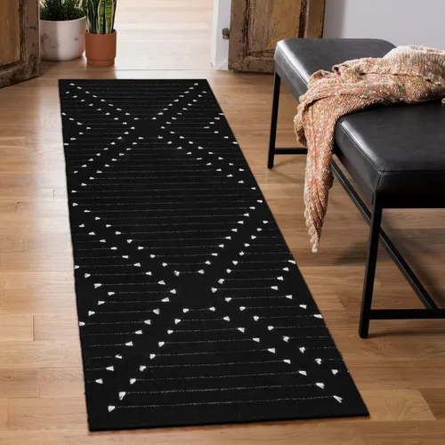 Vista 12 de LIVEBOX Alfombra de baño bohemia negra de 2x3 pies, alfombra de baño lavable, pequeñas alfombras tejidas de algodón, alfombra de área marroquí