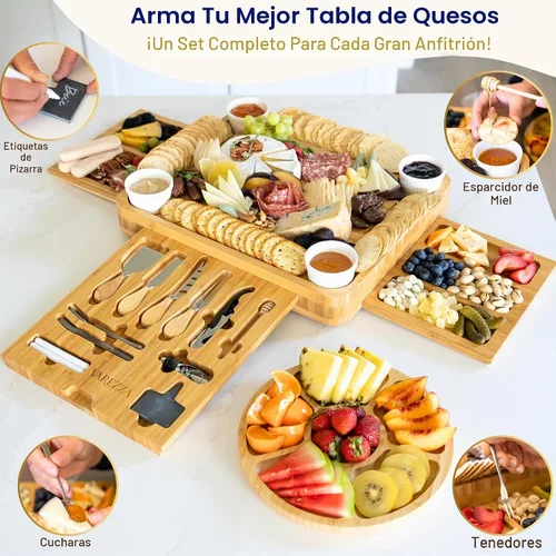 Vista 5 de Juego de tablas de charcutería – Tabla grande de queso de bambú y plato con accesorios de charcutería, regalos de inauguración de la casa