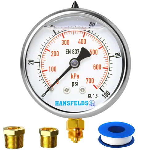 Vista 12 de Medidor de presión relleno de líquido de 0-100 psi, cara de dial de 2.5 pulgadas, carcasa de acero inoxidable para montaje trasero NPT de 1/4