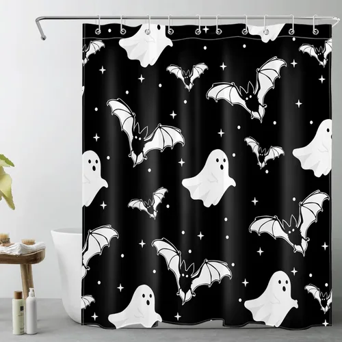Vista 57 de HVEST Cortina de ducha con ganchos, calabaza espeluznante y fantasma con sombrero de bruja negro, juego de cortina de ducha naranja con flores