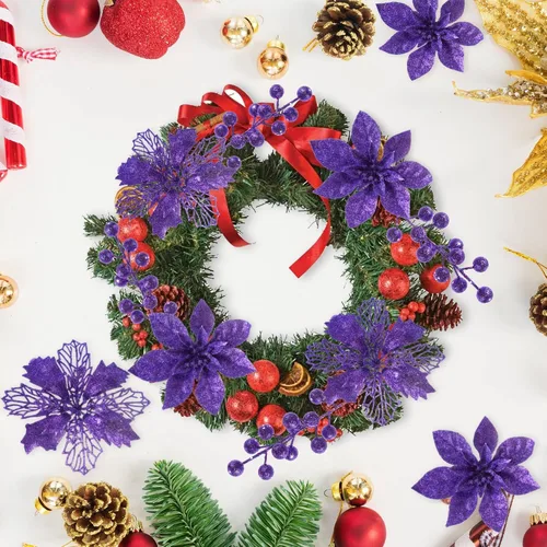 Vista 6 de 24 adornos de árbol de Navidad de flor de pascua con purpurina púrpura y tallos de bayas con purpurina, 16 flores artificiales de Navidad y 8 piezas