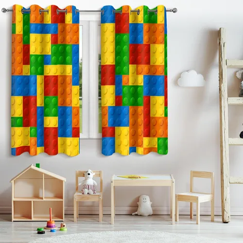 Vista 2 de Jekeno Cortinas Opacas Coloridas con Bloques de Construcción - Cortinas de Juguete Geométricas Abstractas para Niños Niñas Adolescentes Dormitorio