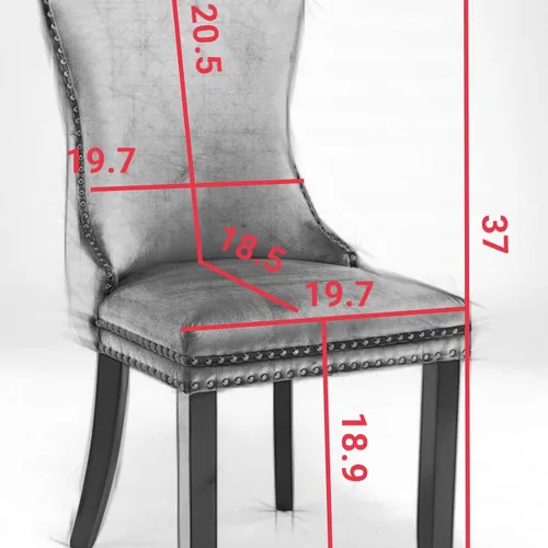 Vista 2 de Silla de comedor tapizada de terciopelo con respaldo de ala y patas de madera marrón, decoración de remaches, silla auxiliar moderna de mediados