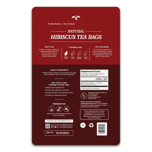 Vista 3 de Gourmet Royale Té de hibisco, 100 unidades, bolsas de té sostenibles, flores de hibisco puras, sin cafeína y azúcar, sin OMG y vegano, cultivado