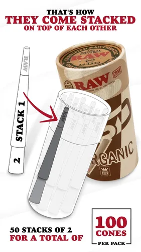 Vista 2 de RAW Cones Organic King Size - Paquete de 100 conos preenrollados de combustión lenta con puntas incluidas