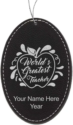Vista 6 de LaserGram Personalized Christmas Ornament, World's Greatest Teacher, Faux Leather, Custom Laser Engraved Gift Idea (Oval Shape, Black with Gold)