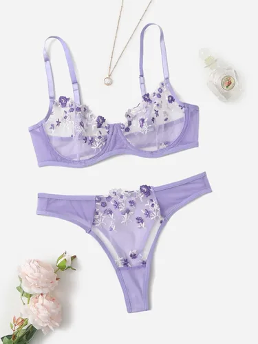 Vista 5 de WDIRARA Conjunto de lencería de 2 piezas con bordado floral y aros para mujer