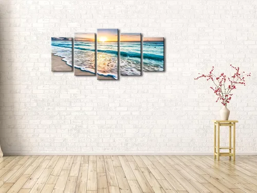 Vista 5 de Pyradecor 5 paneles azul playa amanecer ola blanca imágenes pintura sobre lienzo arte de pared moderno paisaje marino Giclée impresiones sobre