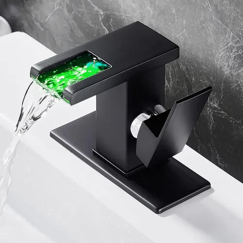 Vista 8 de Grifo de baño en cascada, cascada de grifo LED, níquel cepillado de un solo agujero, grifo de lavabo de baño en cascada, grifo de baño con luz LED