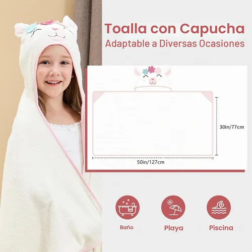 Vista 5 de Style Quarters - Toalla de baño para bebé, 100 % algodón de rizo suave con capucha, toalla de playa de alpaca de dibujos animados, toalla de playa