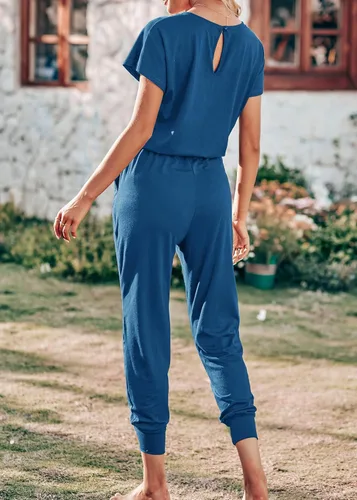Vista 6 de KIRUNDO Overol casual de verano para mujer, de manga corta, cuello redondo, cordón, cintura elástica, con bolsillos
