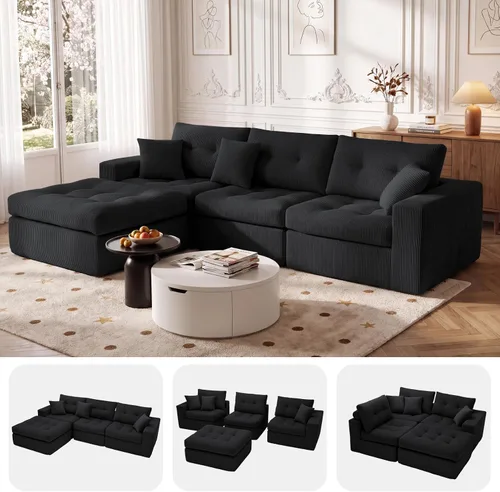 Vista 14 de Sofá modular en forma de L de 114 pulgadas con diván, sofá de pana sin hueso con otomana móvil, sofás de asiento profundo para sala de estar, sin