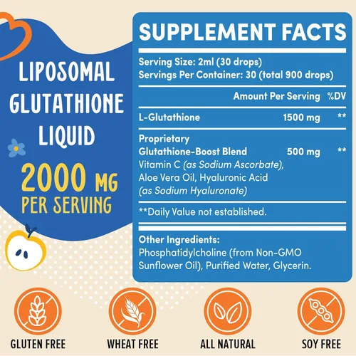 Vista 2 de Prunucis Líquido de glutatión liposomal de 2000 MG, 98% de absorción, suplemento activo de L-glutatión, apto para veganos, potente complejo